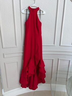 Betsy & Adam Red Halter High-Low Ruffled Gown